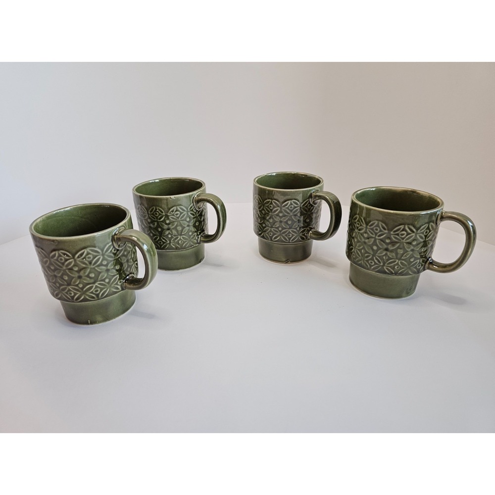 Vintage Avocado Green Mug Set of Four with Hanging Wall Rack 1970's Japan NIB - Picture 3 of 14